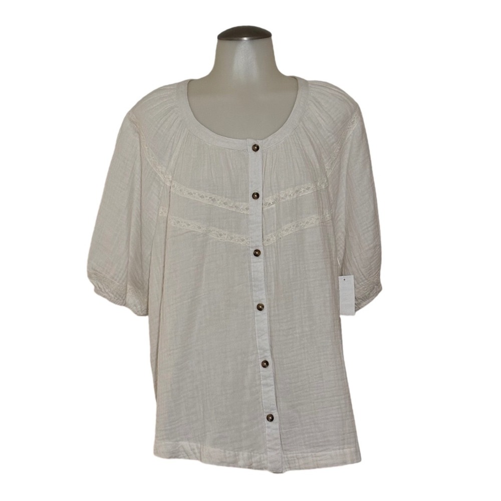 Sonoma Gauze Blouse Women XL Light Ivory Lace Button Front NEW Boho Cotton comfy